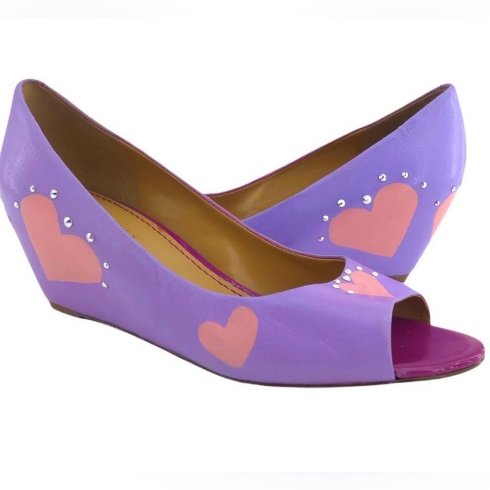 Custom Open Toe Lavender Wedges. Hand painted Hearts and Crystals